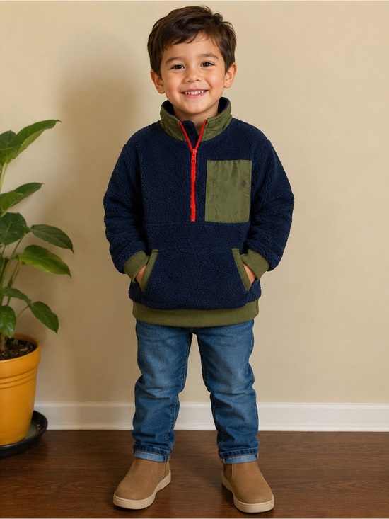 365Kids Other - 365 Kids Navy Sherpa Fleece Quarter Zip Pullover Jacket Size 8 Green Trim